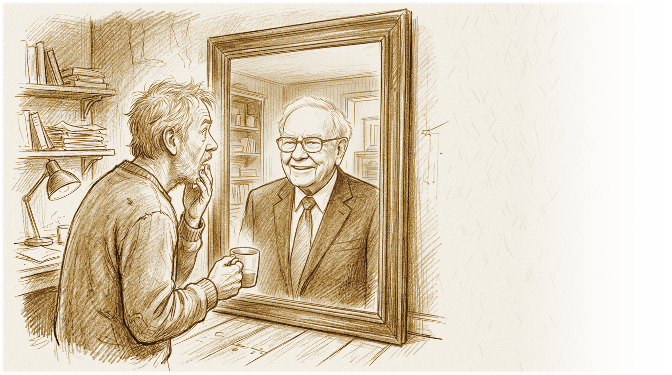 Illustration: en investor ser Warren Buffett i spejlet